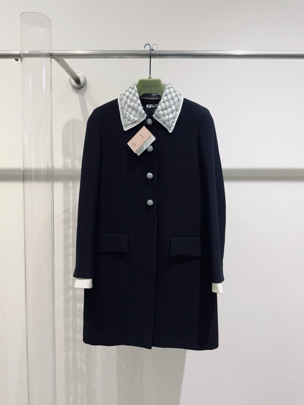 Authentic Miu Miu Navy Pea Coat with Quilted Silver Collar